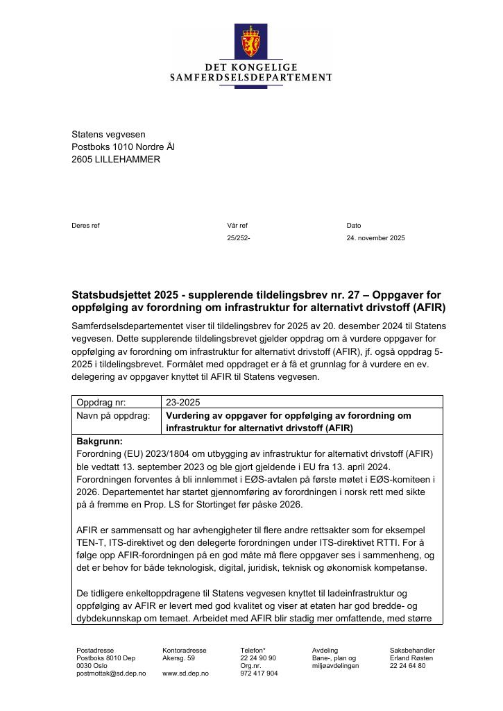 Forsiden av dokumentet Tildelingsbrev Statens vegvesen 2025 - tillegg nr. 27