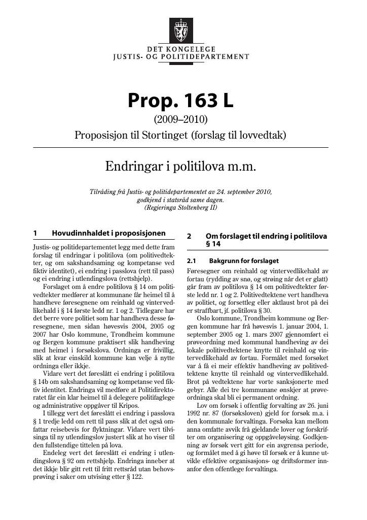 Forsiden av dokumentet Prop. 163 L (2009–2010)