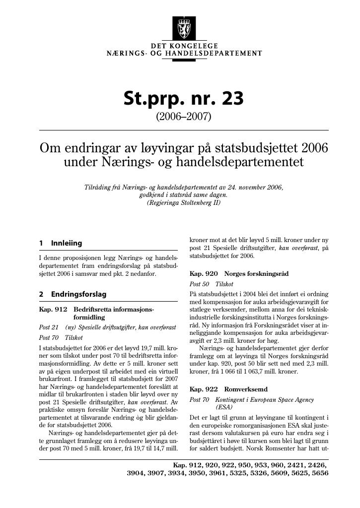 Forsiden av dokumentet St.prp. nr. 23 (2006-2007)