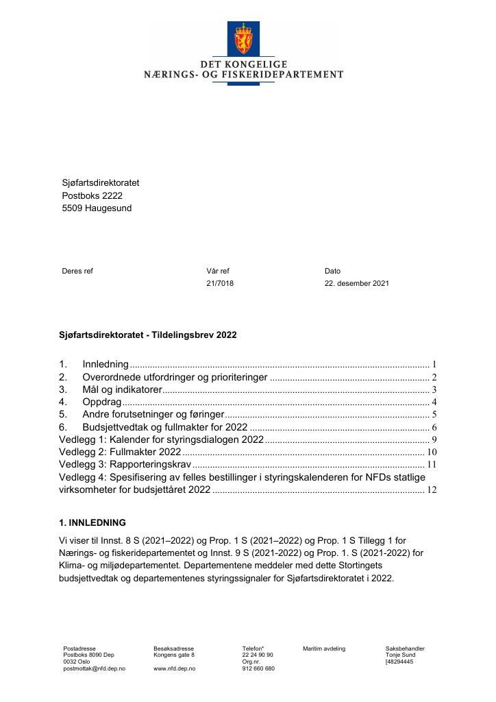 Forsiden av dokumentet Tildelingsbrev Sjøfartsdirektoratet 2022