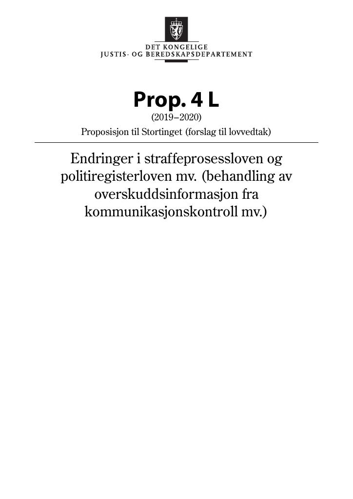 Forsiden av dokumentet Prop. 4 L (2019–2020)