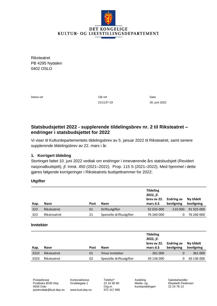 Forsiden av dokumentet Tildelingsbrev Riksteatret 2022 - tillegg nr. 2