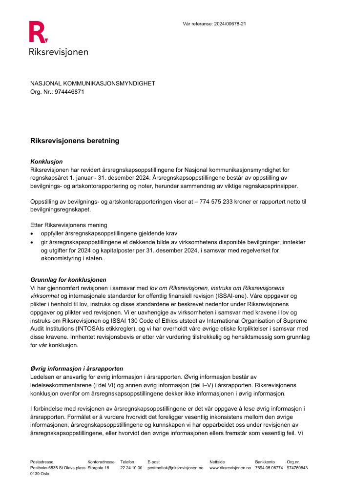Forsiden av dokumentet Riksrevisjonens beretning
