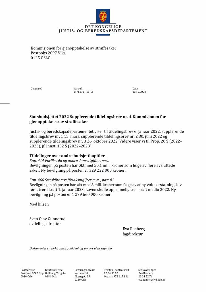 Forsiden av dokumentet Tildelingsbrev Kommisjonen for gjenopptakelse av straffesaker 2022 - tillegg nr. 4