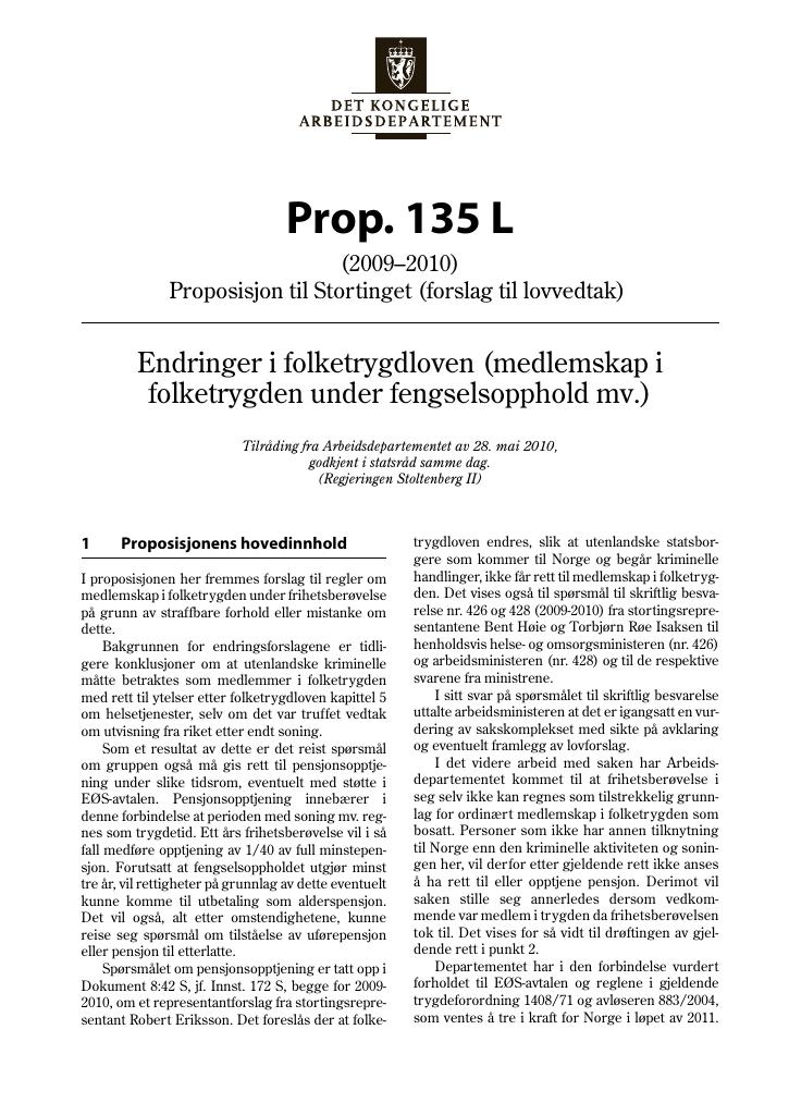 Forsiden av dokumentet Prop. 135 L (2009–2010)