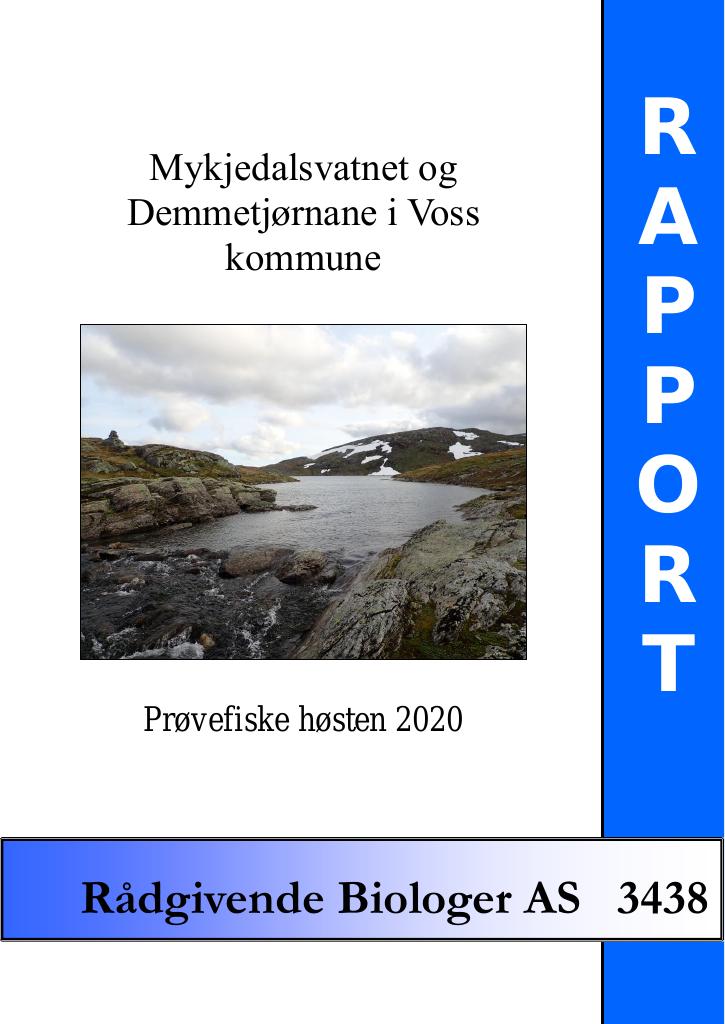 Forsiden av dokumentet Mykjedalsvatnet og Demmetjørnane i Voss kommune. Prøvefiske høsten 2020