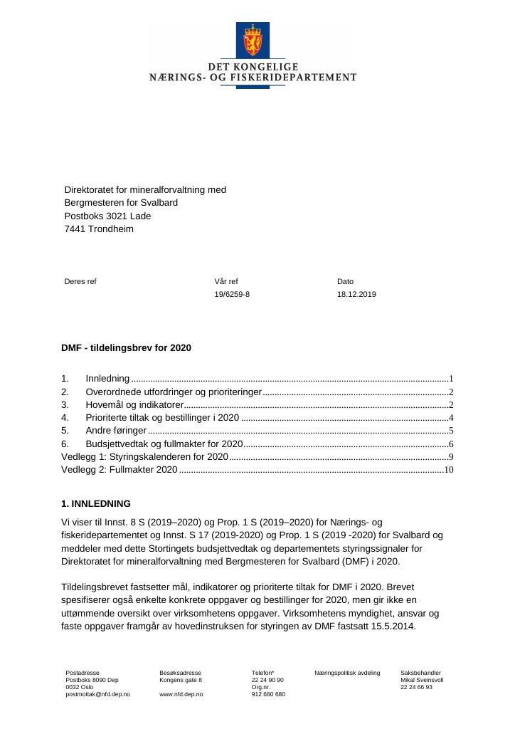 Forsiden av dokumentet Tildelingsbrev Direktoratet for mineralforvaltning med Bergmesteren for Svalbard 2019