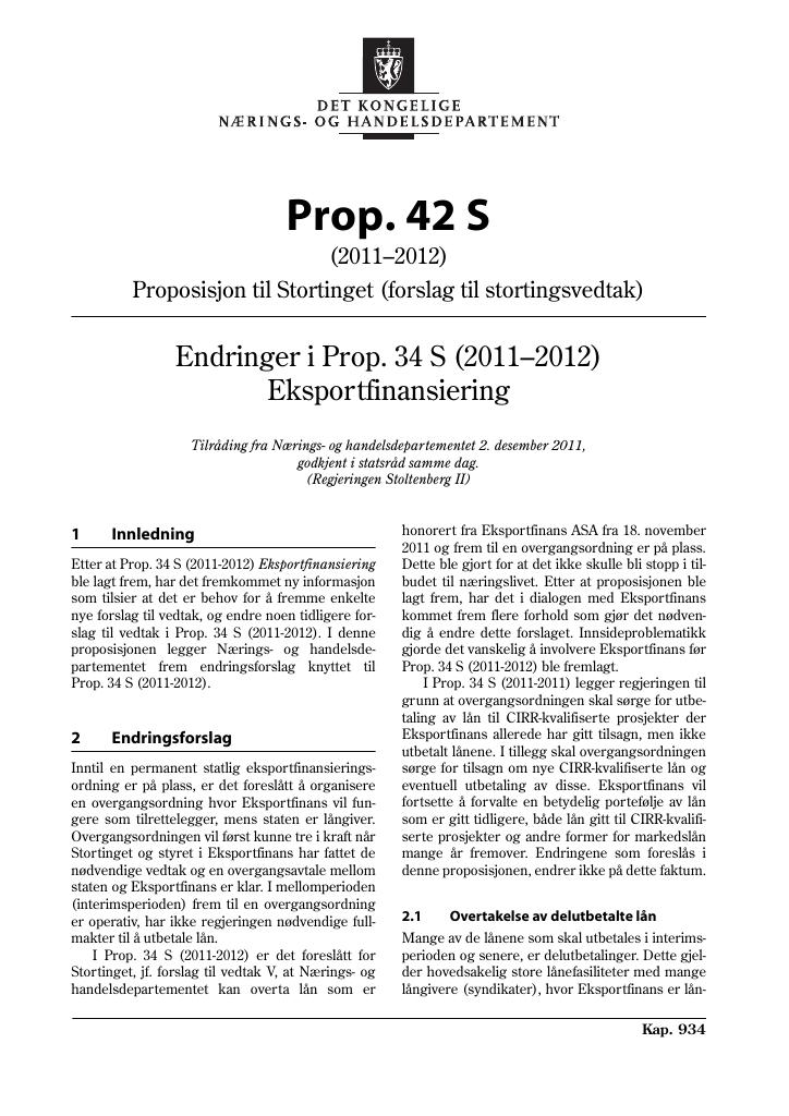 Forsiden av dokumentet Prop. 42 S (2011–2012)