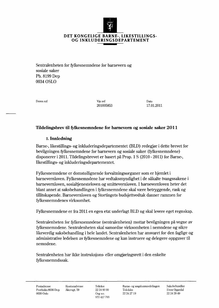 Forsiden av dokumentet Tildelingsbrev 2011