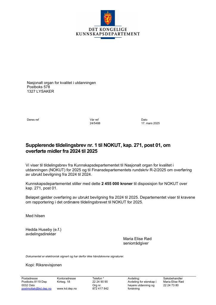 Forsiden av dokumentet Tildelingsbrev Nasjonalt organ for kvalitet i utdanningen (NOKUT) 2025 - tillegg 1. & 2.