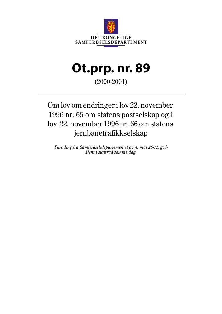 Forsiden av dokumentet Ot.prp. nr. 89 (2000-2001)