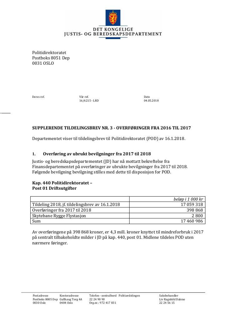 Forsiden av dokumentet Tildelingsbrev Politidirektoratet 2018 - tillegg nr. 3