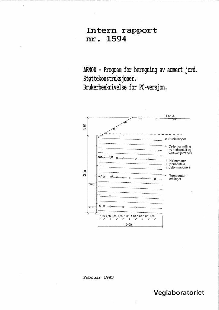 Forsiden av dokumentet ARMOD - program for beregning av armert jord. Støttekonstruksjoner brukerbeskrivelse for PC-versjon