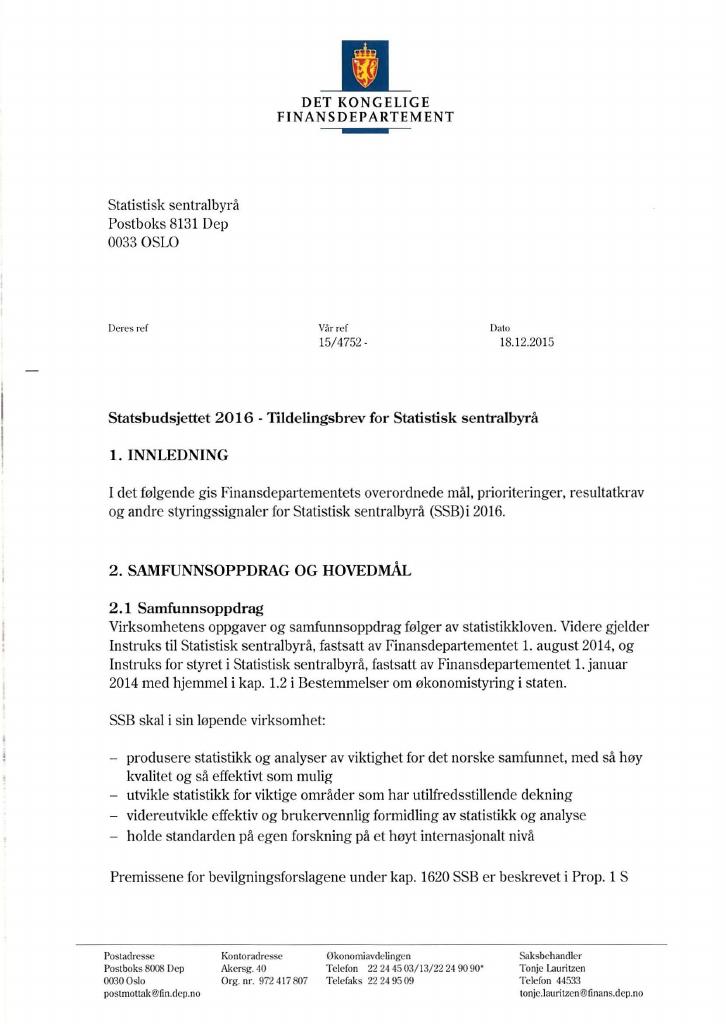 Forsiden av dokumentet Tildelingsbrev (pdf),