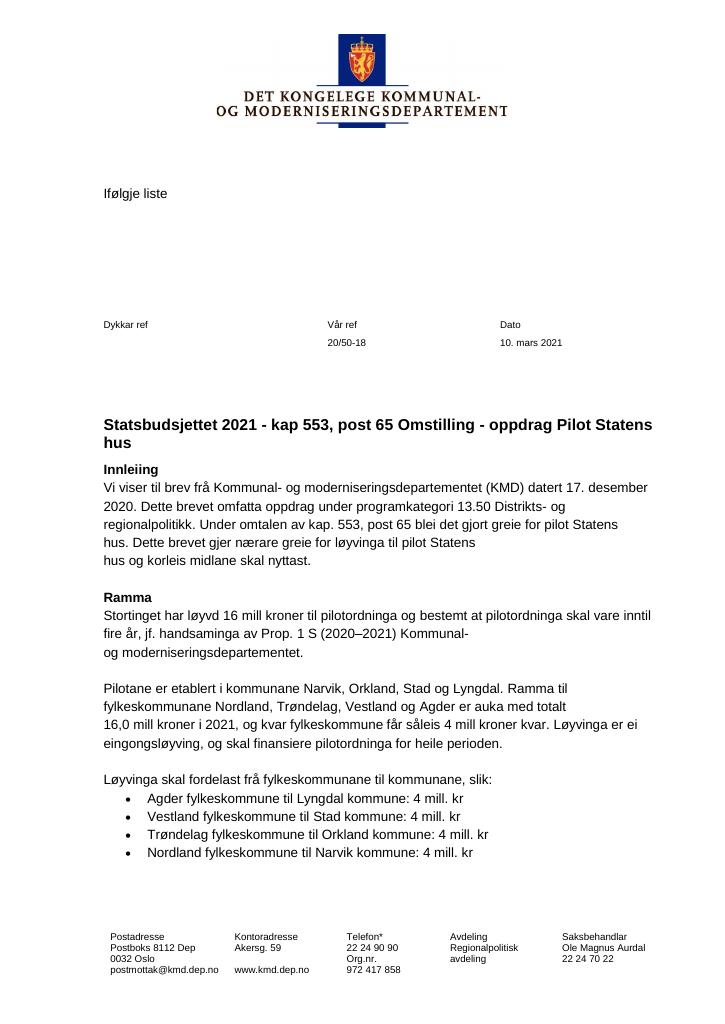 Forsiden av dokumentet Oppdragsbrev til Agder, Vestland, Trøndelag og Nordland fylkeskommuner 2021 – Pilot Statens hus