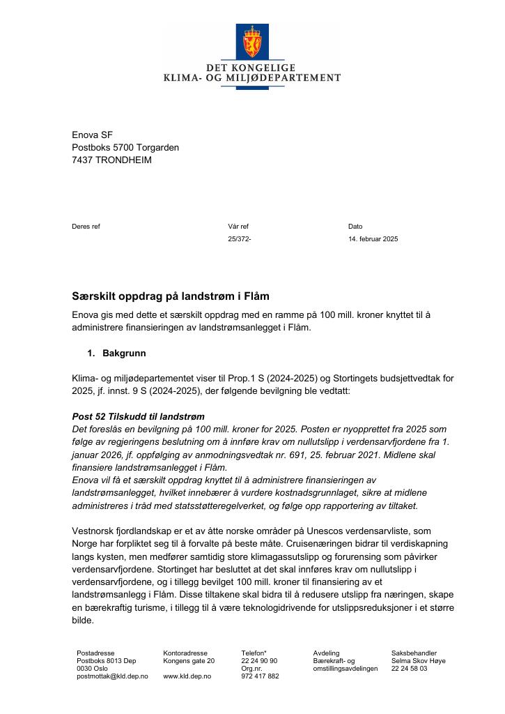 Forsiden av dokumentet Tildelingsbrev ENOVA SF 2025 - tillegg landstrøm i Flåm