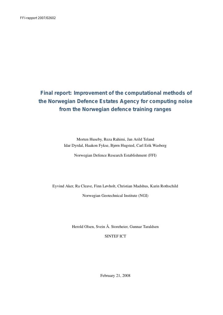 Forsiden av dokumentet Final report: Improvement of the computational methods of the Norwegian Defence Estates Agency for computing noise from the Norwegian defence training ranges