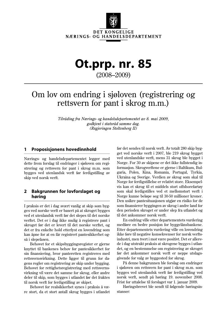 Forsiden av dokumentet Ot.prp. nr. 85 (2008-2009)