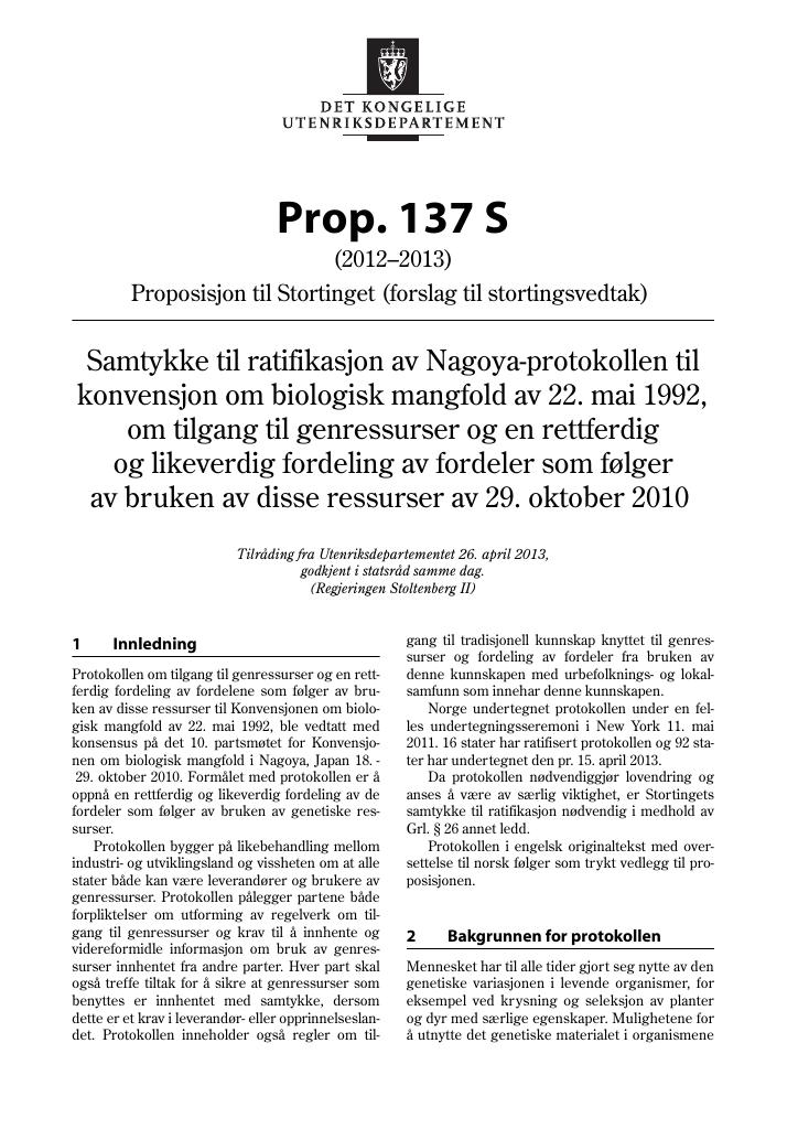 Forsiden av dokumentet Prop. 137 S (2012–2013)