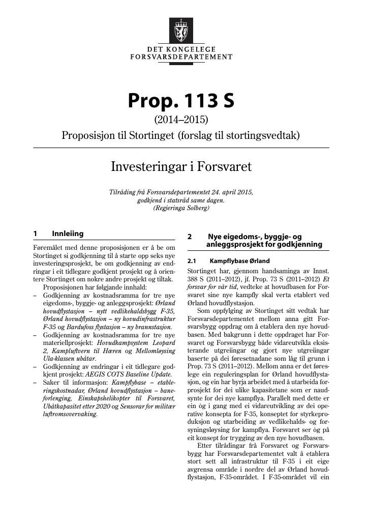 Forsiden av dokumentet Prop. 113 S (2014-2015)