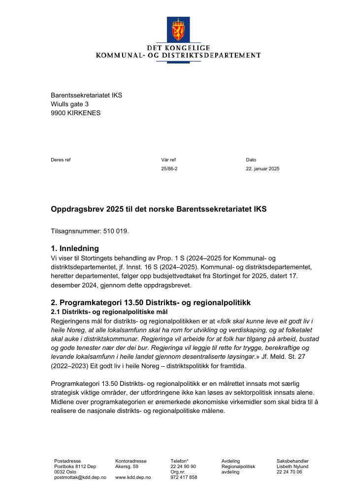 Forsiden av dokumentet Oppdragsbrev for Barentssekretariatet 2025