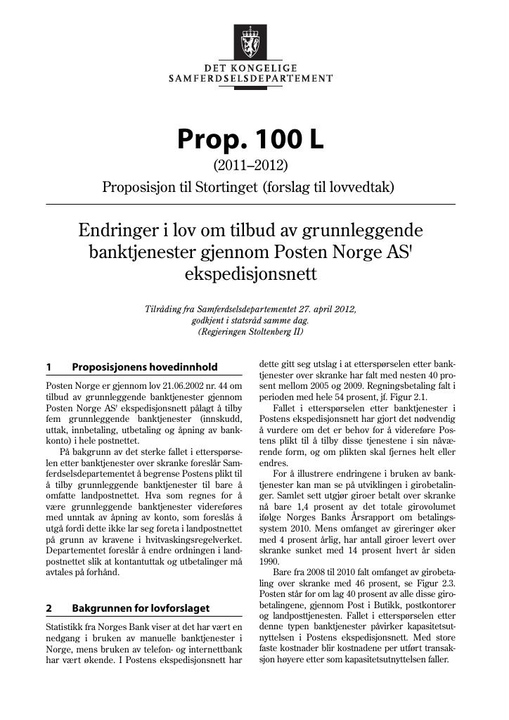 Forsiden av dokumentet Prop. 100 L (2011–2012)