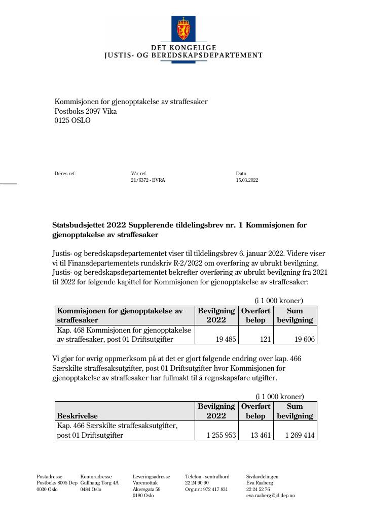 Forsiden av dokumentet Tildelingsbrev Kommisjonen for gjenopptakelse av straffesaker 2022 - tillegg nr. 1