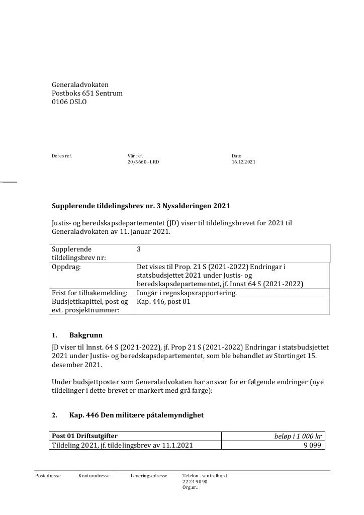 Forsiden av dokumentet Tildelingsbrev Generaladvokaten 2022 - tillegg nr. 3