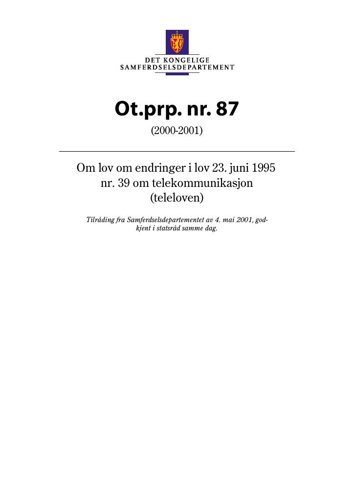 Forsiden av dokumentet Ot.prp. nr. 87 (2000-2001)