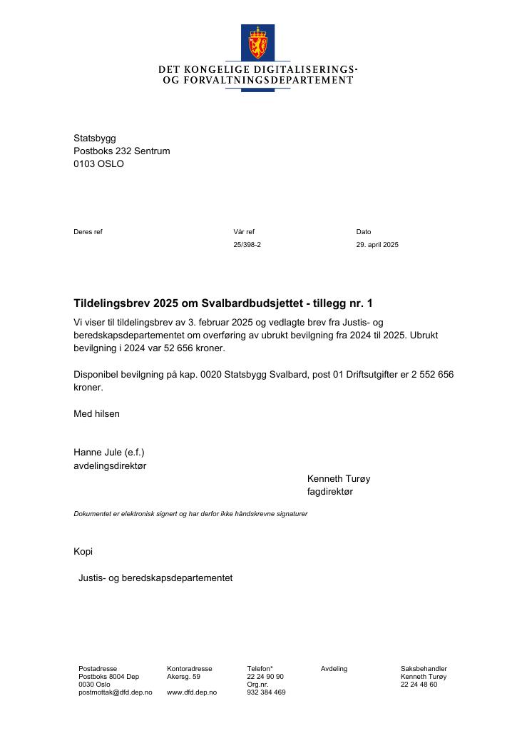 Forsiden av dokumentet Tildelingsbrev Statsbygg 2025 - tillegg