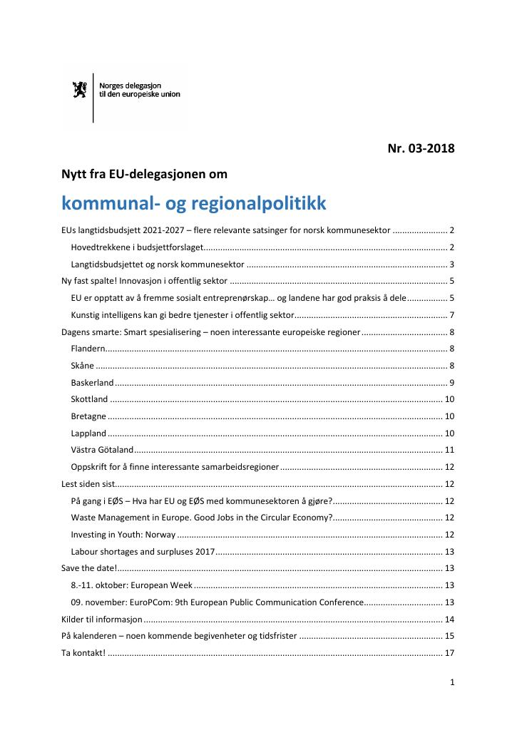 Forsiden av dokumentet Nytt fra EU-delegasjonen om kommunal- og regionalpolitikk (3/2018)