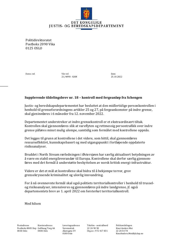 Forsiden av dokumentet Tildelingsbrev Politidirektoratet 2022 - tillegg nr. 18