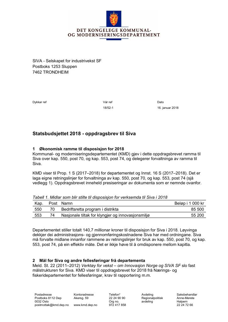 Forsiden av dokumentet Oppdragsbrev Siva 2018