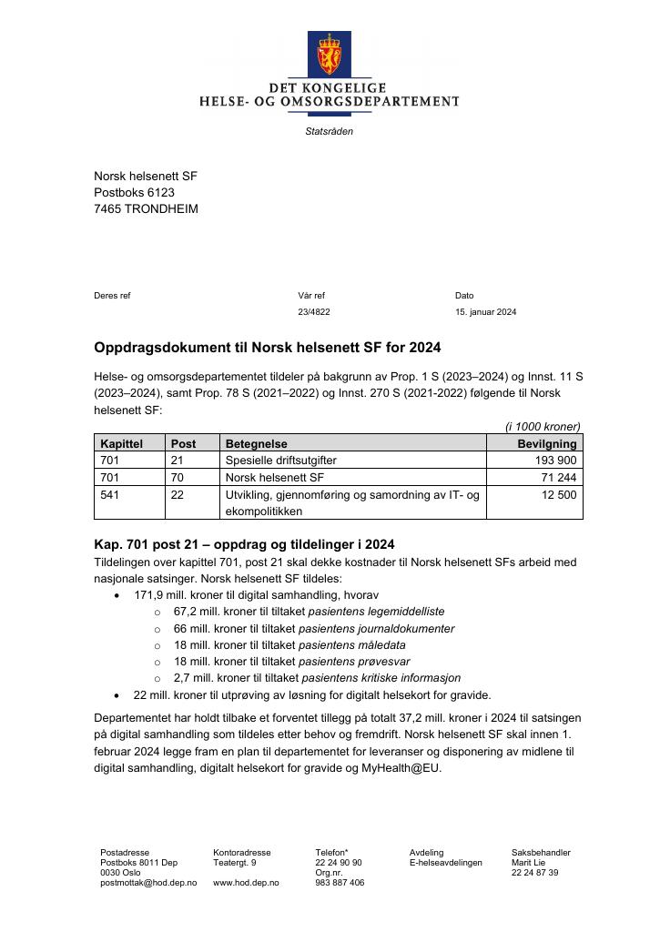 Forsiden av dokumentet Oppdragsbrev Norsk Helsenett SF 2024