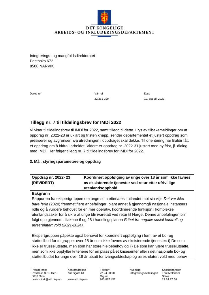 Forsiden av dokumentet Tildelingsbrev Integrerings- og mangfoldsdirektoratet (IMDi) 2022 - tillegg nr. 7