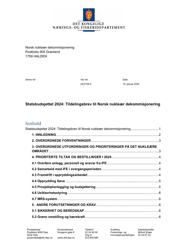 Forsiden av dokumentet Tildelingsbrev Norsk nukleær dekommisjonering 2024