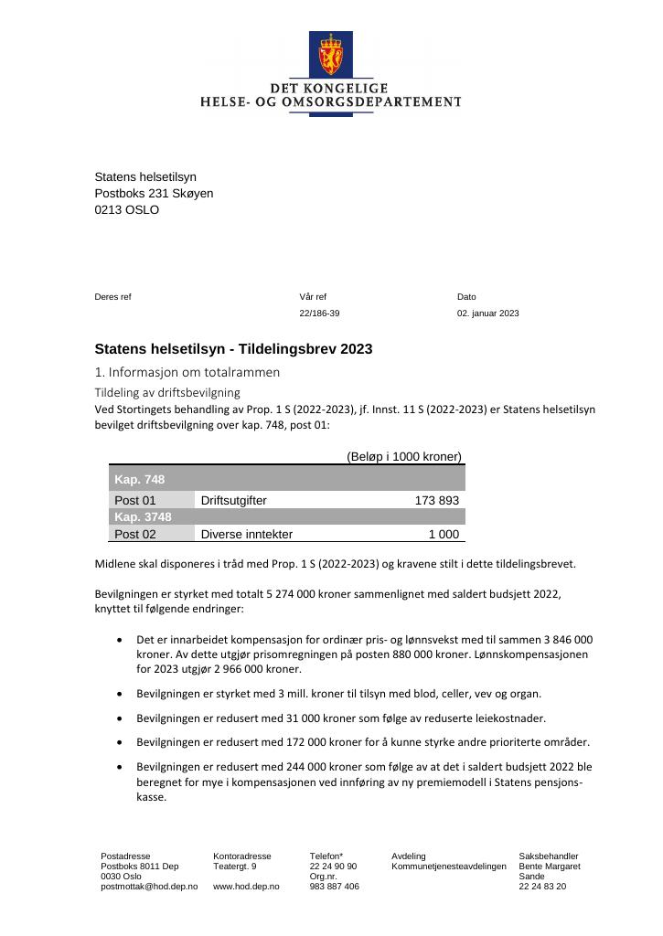 Forsiden av dokumentet Tildelingsbrev Statens helsetilsyn 2023