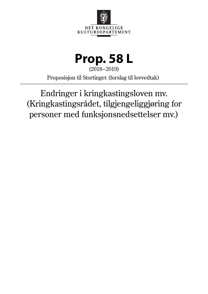 Forsiden av dokumentet Prop. 58 L (2018–2019)