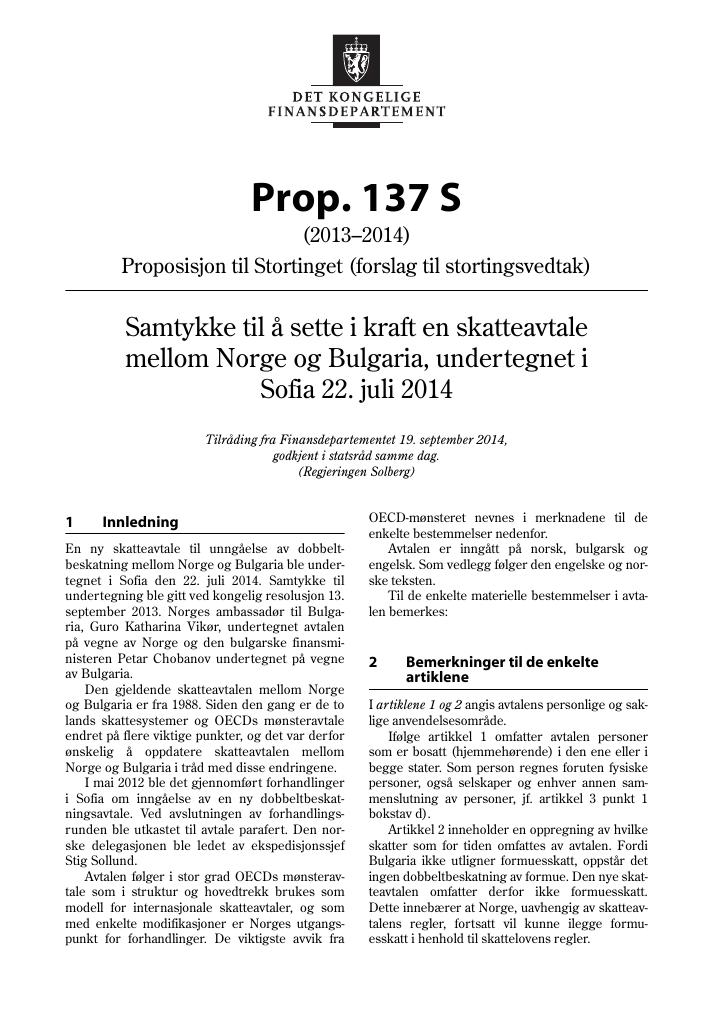Forsiden av dokumentet Prop. 137 S (2013–2014)