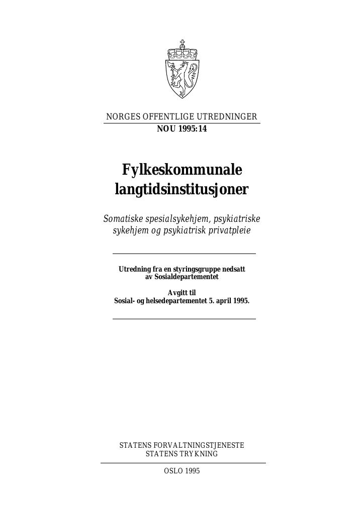 Forsiden av dokumentet NOU 1995: 14 - Fylkeskommunale langtidsinstitusjoner