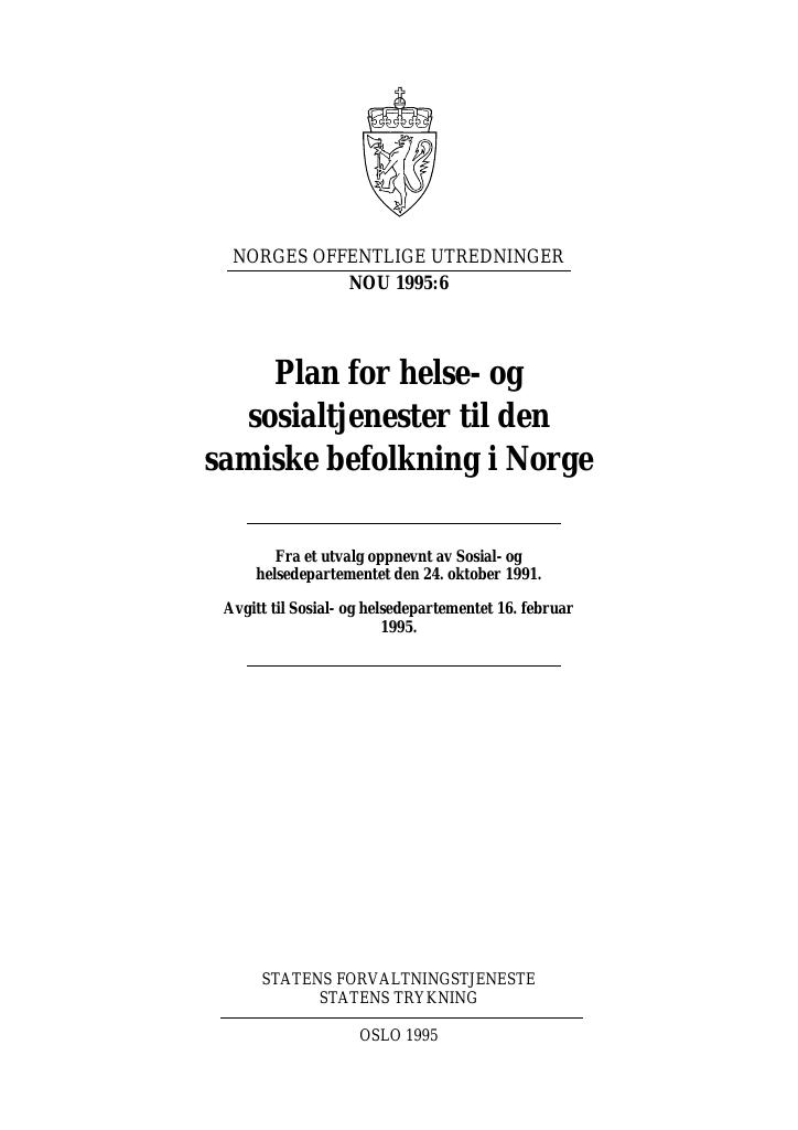 Forsiden av dokumentet NOU 1995: 6 - Plan for helse- og sosialtjenester til den samiske befolkning i Norge