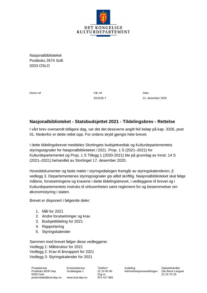 Forsiden av dokumentet Tildelingsbrev Nasjonalbiblioteket 2021 - rettelse