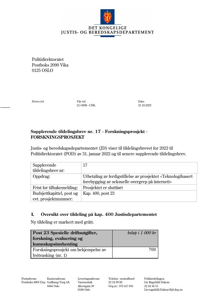 Forsiden av dokumentet Tildelingsbrev Politidirektoratet 2022 - tillegg nr. 17