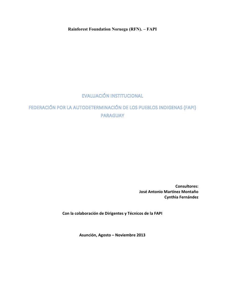 Forsiden av dokumentet Institutional evaluation of Federation for Indigenous Peoples’ Self-Determination (FAPI)