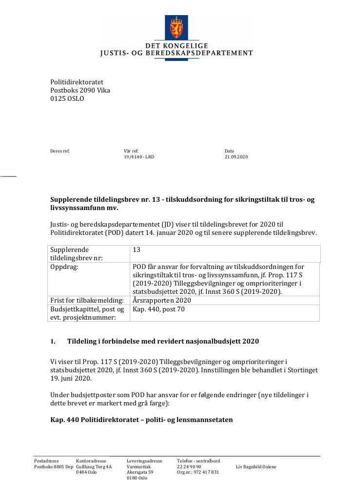 Forsiden av dokumentet Supplerende tildelingsbrev Politidirektoratet 2020 - nr. 13
