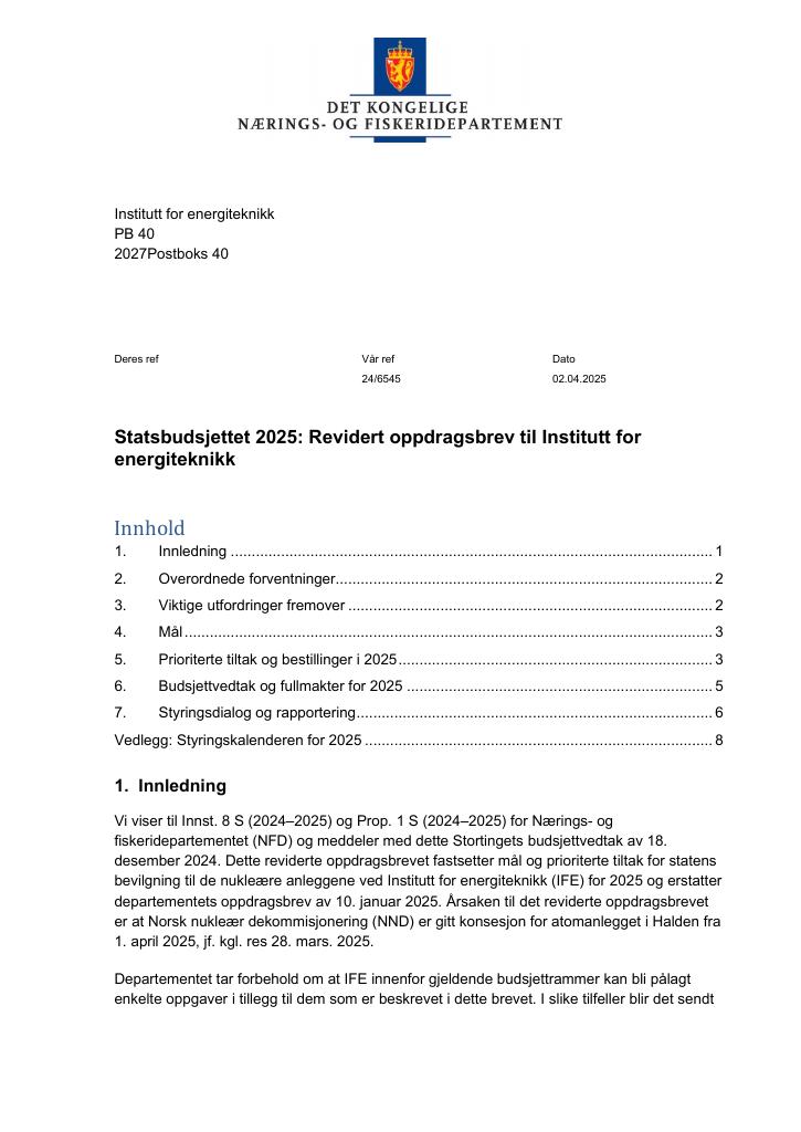Forsiden av dokumentet Tildelingsbrev Institutt for energiteknikk 2025 - revidert