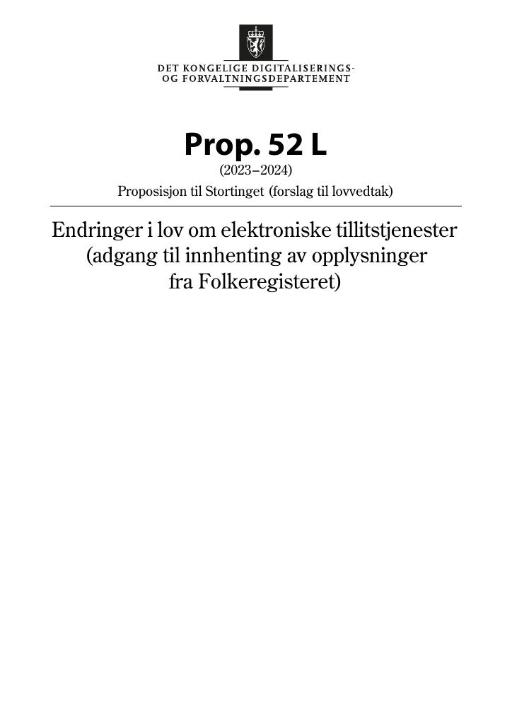 Forsiden av dokumentet Prop. 52 L (2023–2024)