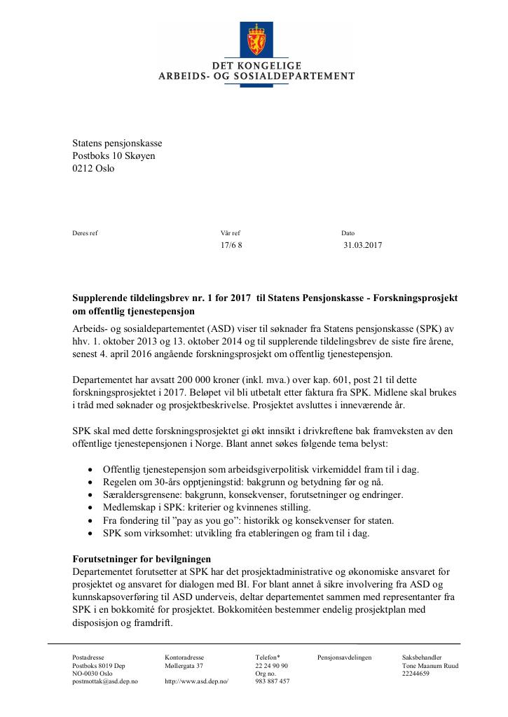 Forsiden av dokumentet supplerende tildelingsbrev nr. 1 (PDF)