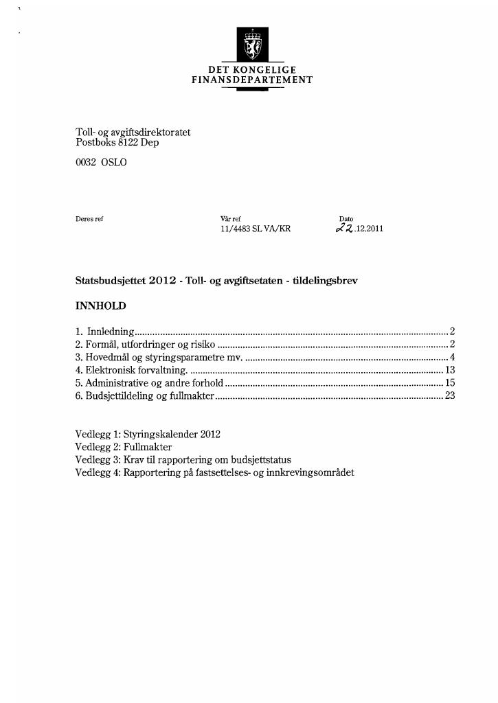 Forsiden av dokumentet Tildelingsbrev (pdf)