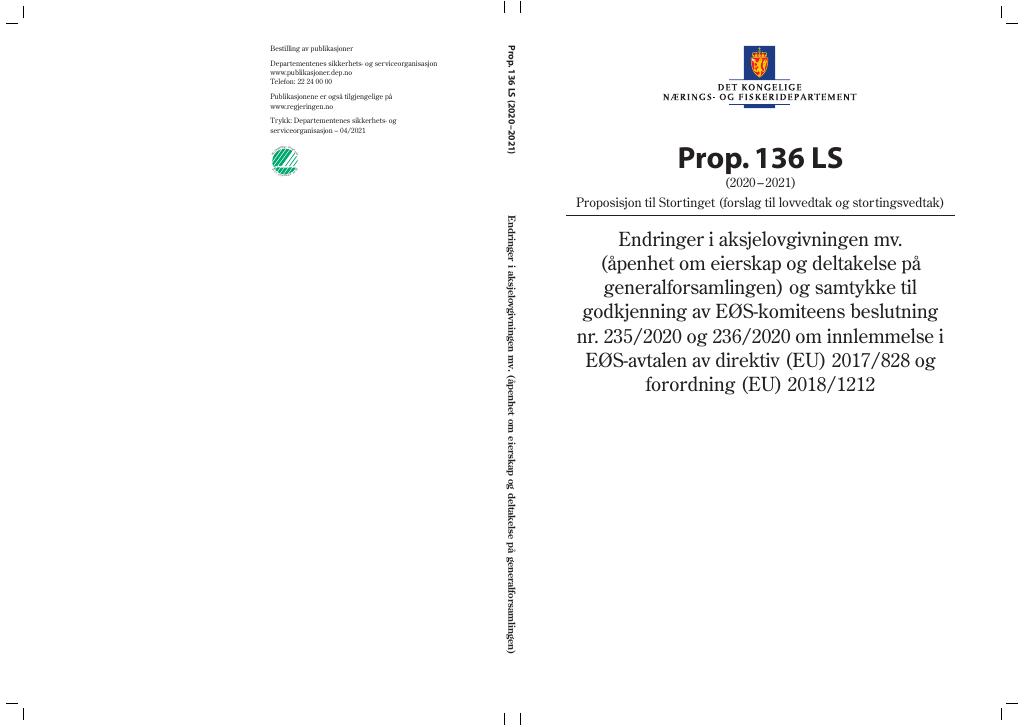Forsiden av dokumentet Prop. 136 LS (2020–2021)